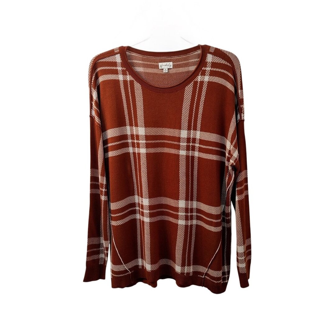 Wonderly: Long Sleeve Pullover Sweater, Size XL, Amber Brown/White